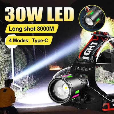 30W LED-Stirnlampe, ultrastarke Taschenlampe, zoombare Lampe, starkes Licht, Scheinwerfer, 18650, wasserdichte Laterne, Angeln, Wandern
