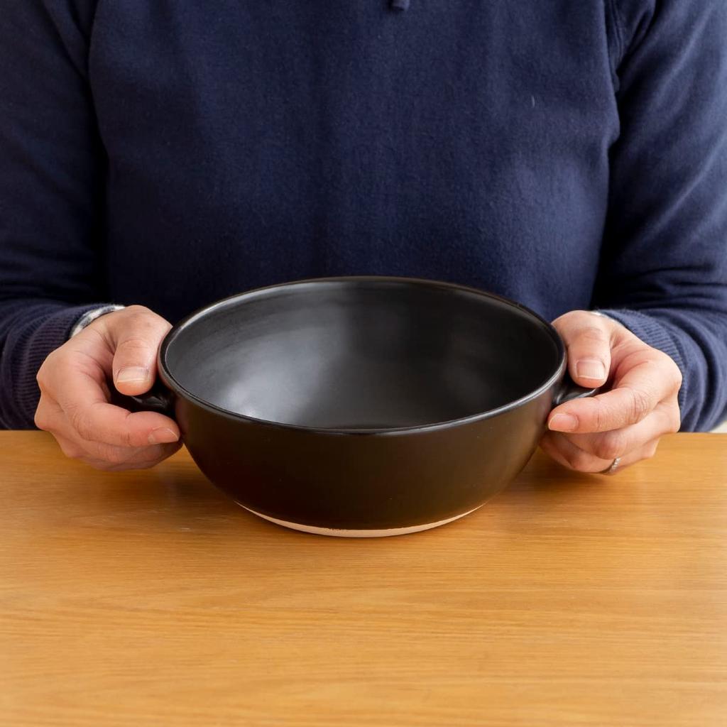 Kamoshika Dougu Store Open-Food Ramen Pot with Rice Spoon and Base, Single-Serving Pot and Serving Bowl, Banko Ware, Made in Japan, Black