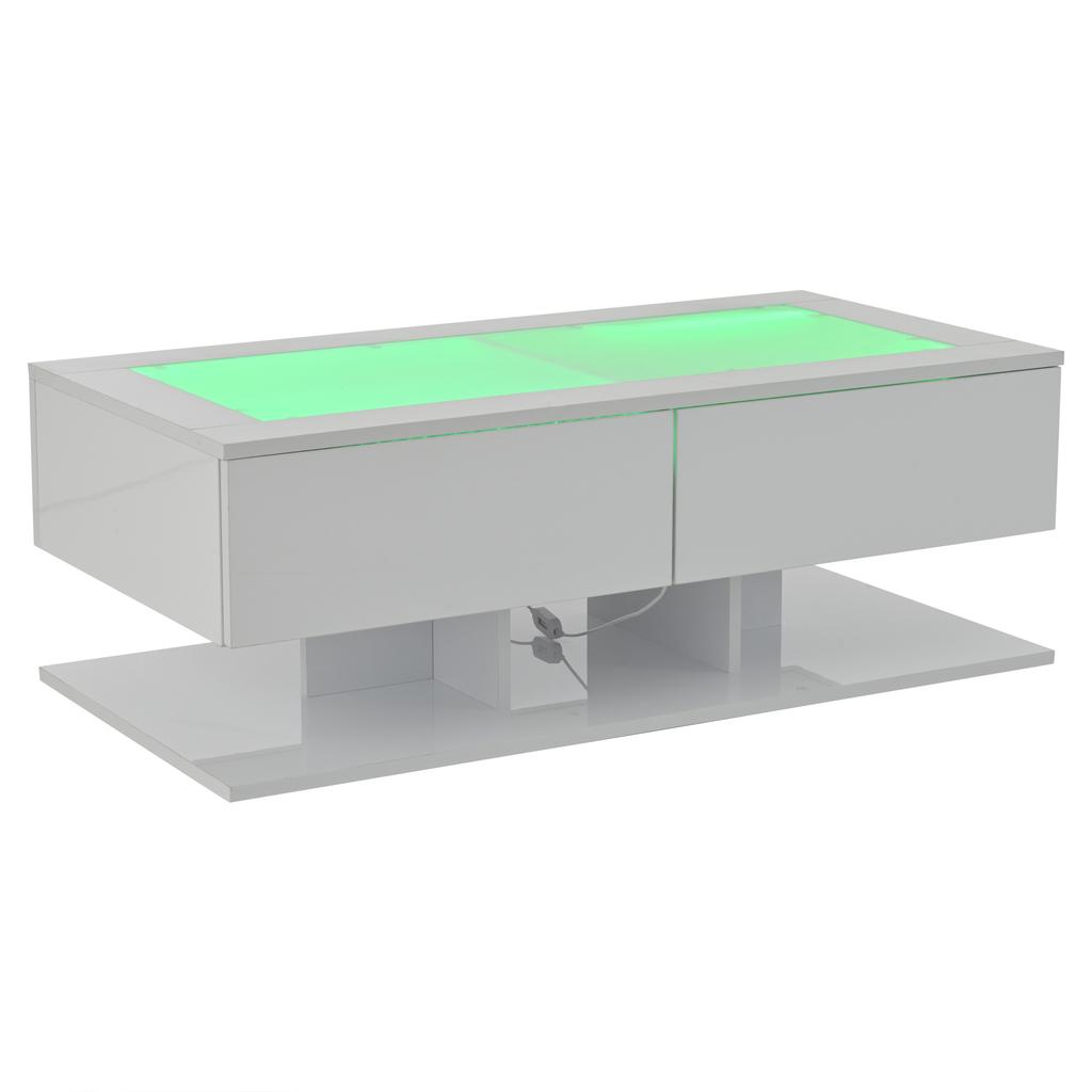 100*50*35cm Coffee Table, High Gloss Sofa Table, Living Room Table with Drawers, Coffee Table with LED Light, Glass Top, White