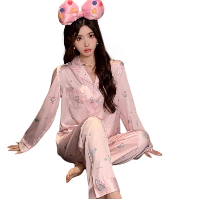 Ice Silk Long-Sleeved Women'S Pajamas Cute Cartoon High-End Silk Loungewear Two-Piece Set