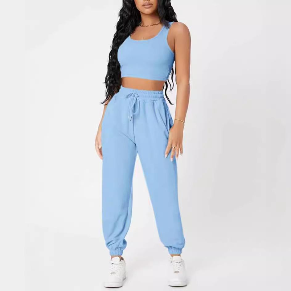 GMXIA Spring Solid-color Round-neck Vest Women's High-waisted Fashionable Casual Long Pants Set