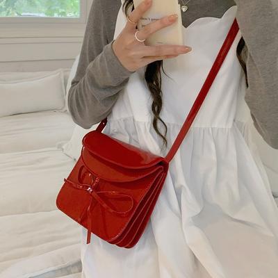 Niche Design Spring New Korean Version Bow Patent Leather Red Square Bag Versatile One-shoulder Crossbody Bag Trendy