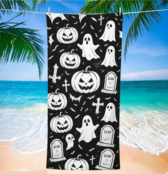 Black & White Bat Print Beach Towel, Microfiber Sand Free Quick Dry, Gothic Halloween Pattern, Soft Absorbent for Summer & Pool