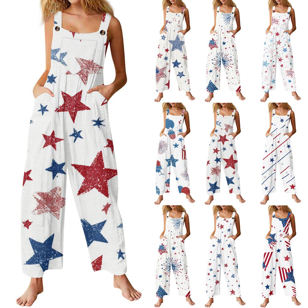 Women’s Sleeveless Button Down Jumpsuit with Star Stripe Print Loose Fit Overalls for Casual Summer Outfits