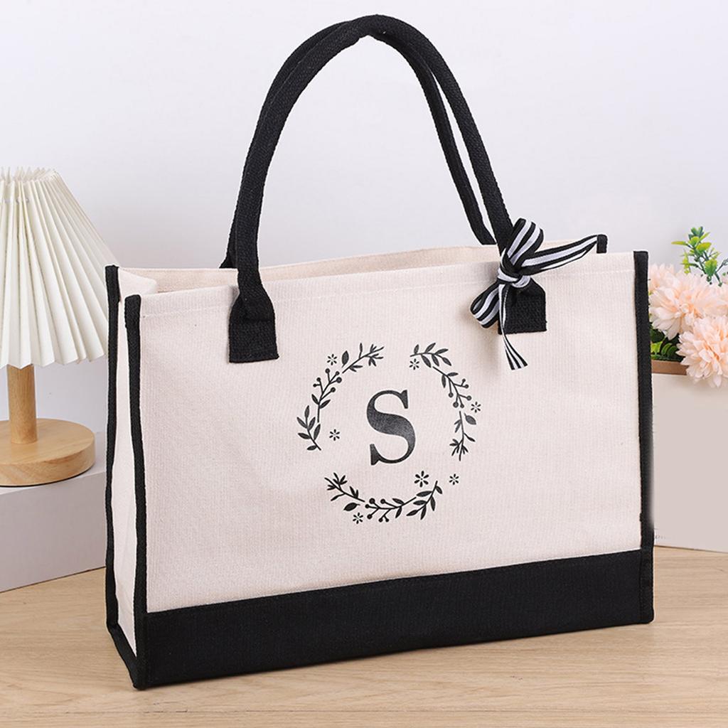 Initial Canvas Handbag Shopper Bag Shopping Bag Versatile Foldable Shoulder Bag for Girl Women Fashion Trendy Bag