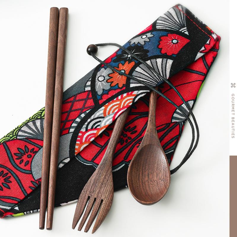 4pcs Set Solid Wood Cutlery Japanese Walnut Chopsticks Spoons Forks Cloth Bag Portable Cutlery Set for Office Workers Students