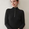 Women's Slim Fit High Neck Pure Cashmere Pullover Sweater with Gold Button Ribbed Design