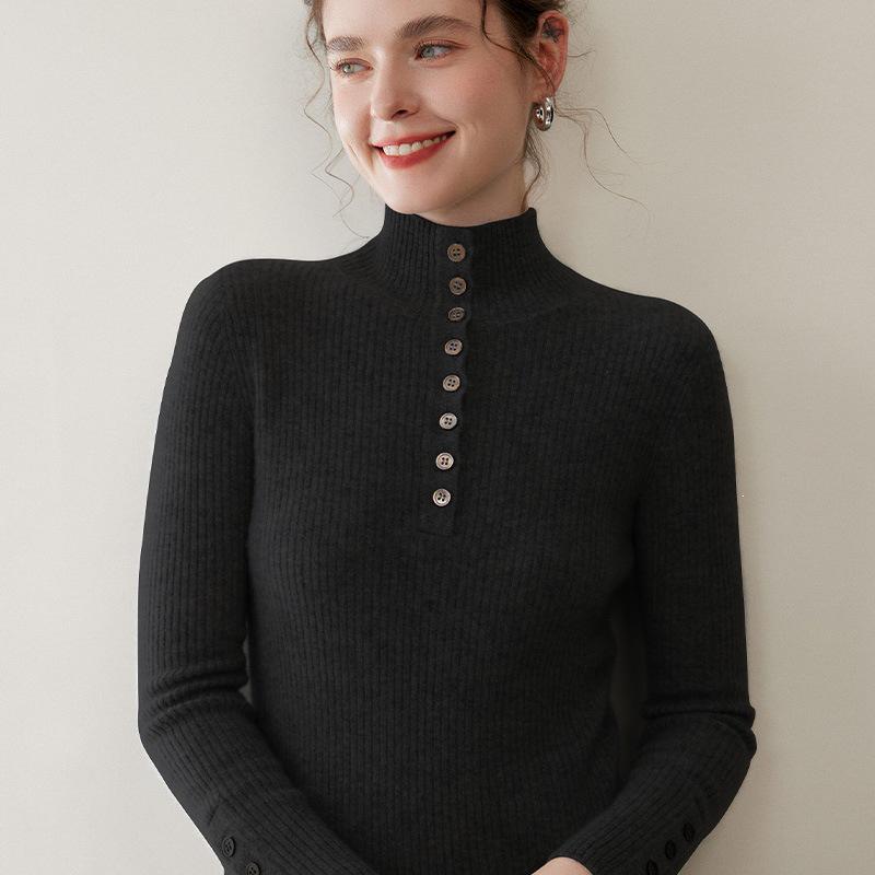 Women's Slim Fit High Neck Pure Cashmere Pullover Sweater with Gold Button Ribbed Design