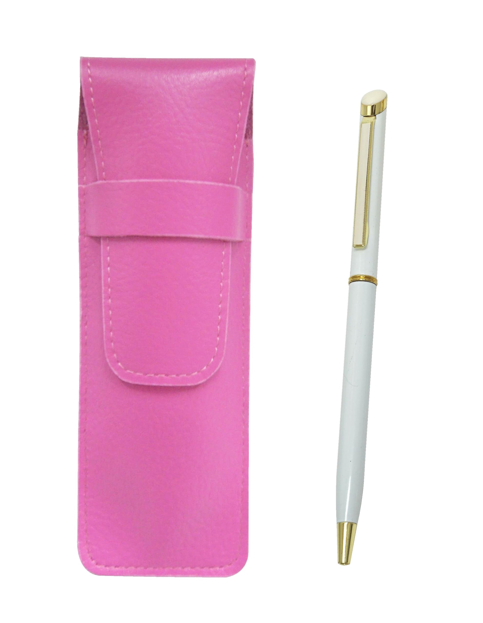 

Pink grained leather pencil case epoxy rotating ballpoint pen set white SASP-WD002-W