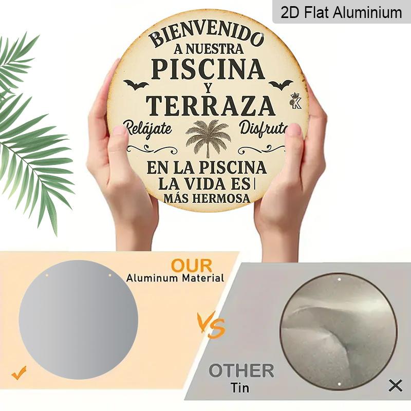 2D Flat, 1pc Aluminum Round Outdoor Plaque with "BIENVENIDO A NUESTRA PISCINA Y TERRAZA" Text, Palm Trees, and Bat Patterns, 7.87x7.87inch, Ideal for
