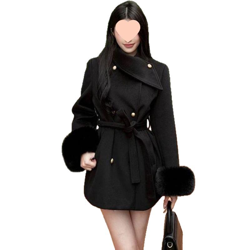 Elegant Woolen Coat with Fur Cuffs - Slim Fit Winter 2025 Women's Chic Arrival