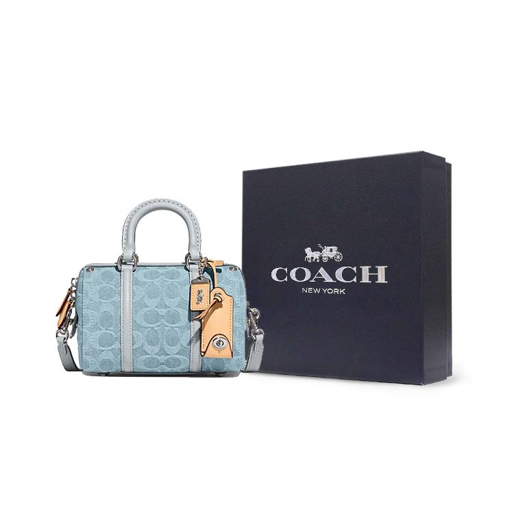 Coach Ruby 18 Horse And Carriage Logo Classic Canvas And Leather Boston Bag Women Handbags Blue CJ832-LHPBU