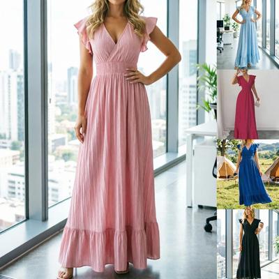 Europe, America, Amazon Cross-border Foreign Trade New Summer Skirt Solid Color Sexy Deep V-neck French Dress Dress Women
