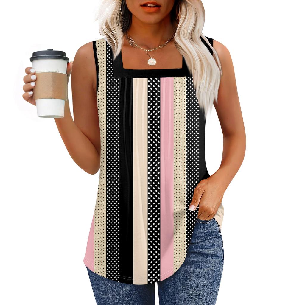 Tank Top für Damen, Sommer-Outfits, ärmellos, bedruckt, Blusen, lässig, lockere Hemden, plissiert, quadratischer Hals