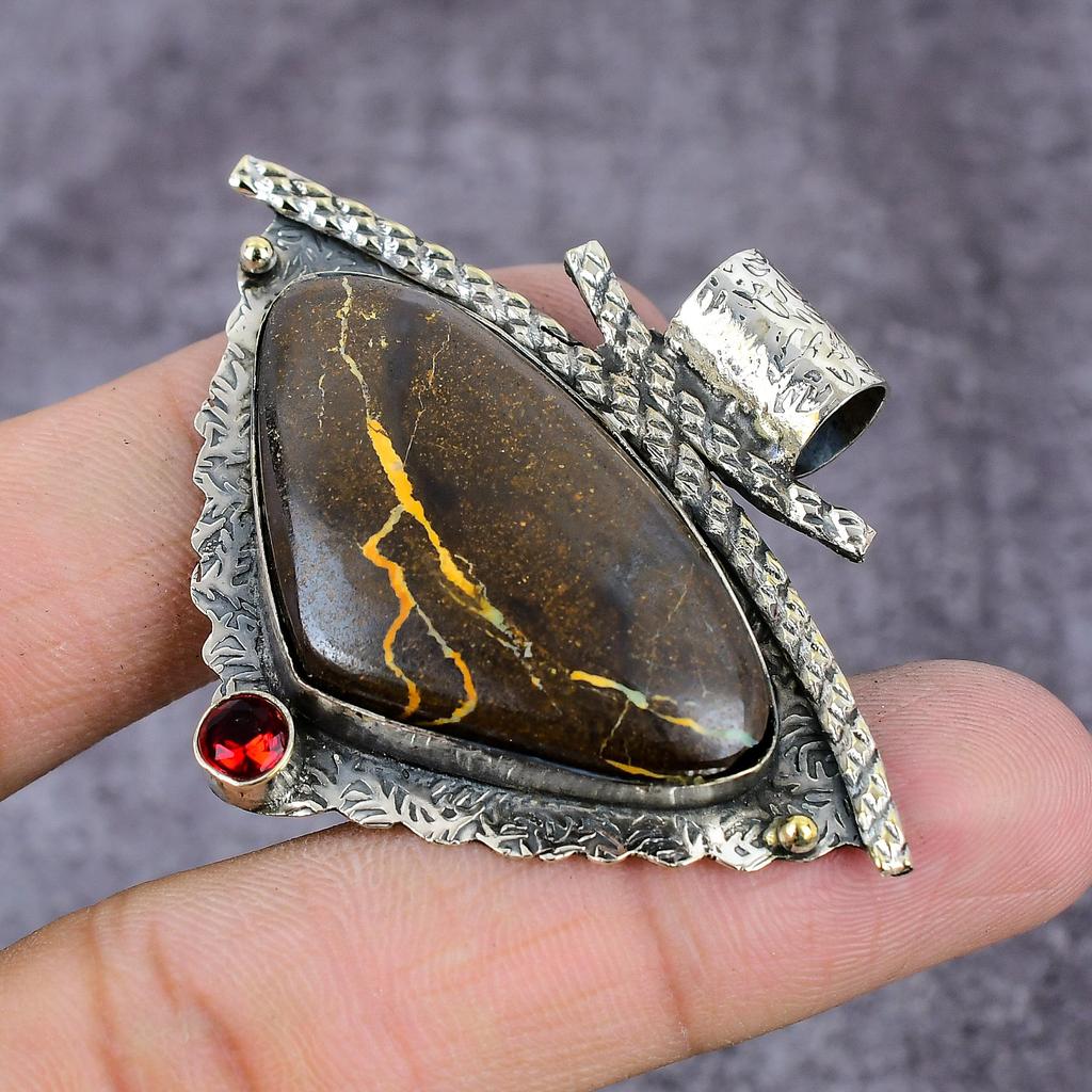 Natürlicher Boulder Opal, Granat, handgefertigter 925 Sterling Silber Anhänger 2,17" C6Z49