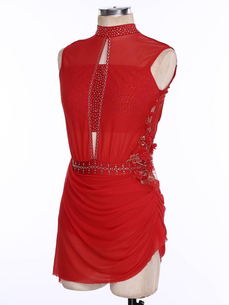 Women Figure Skating Ballet Dance Dresses Sleeveless Backless Sheer Mesh Overlay Shiny Rhinestones Asymmetrical Dress Dancewear