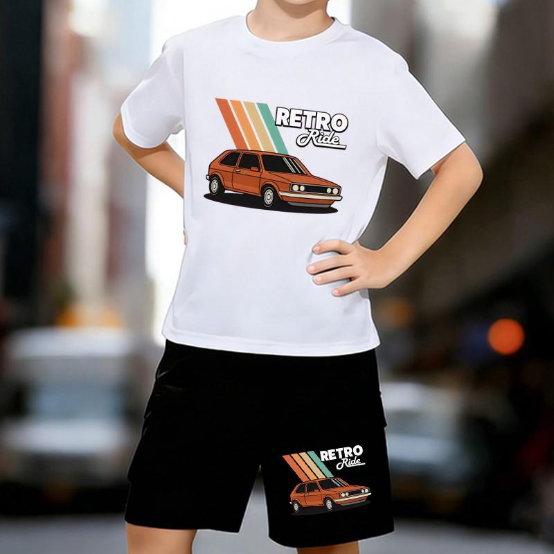 

Boys 2 Piece Vintage Trendy Car Printed Outfit, Short Sleeve T-Shirt and Shorts Set for Kids Age 5-14,white,Black Sporty Casual Summer Clothes 13-14 Years білий