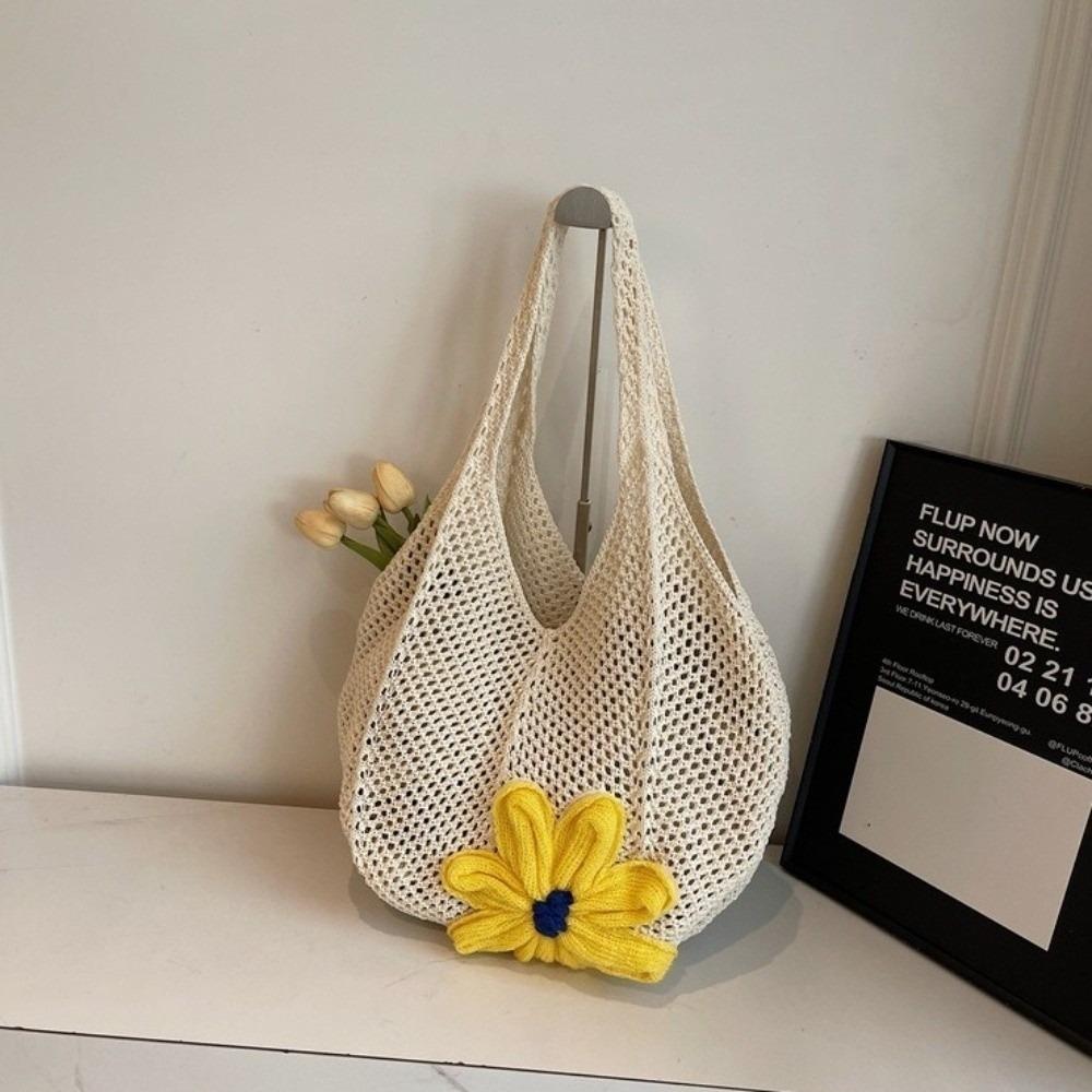 Durable Mesh Flower Woven Handbag Solid Color Large Capacity Crochet Tote Bag Spacious Bohemian Shopping Bag Girl