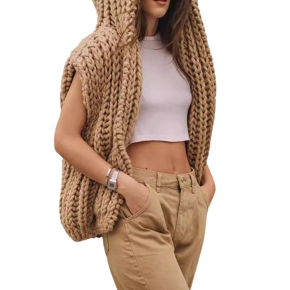 European-American Autumn/Winter Women's Hooded Chunky Knit Sleeveless Cardigan Sweater Vest