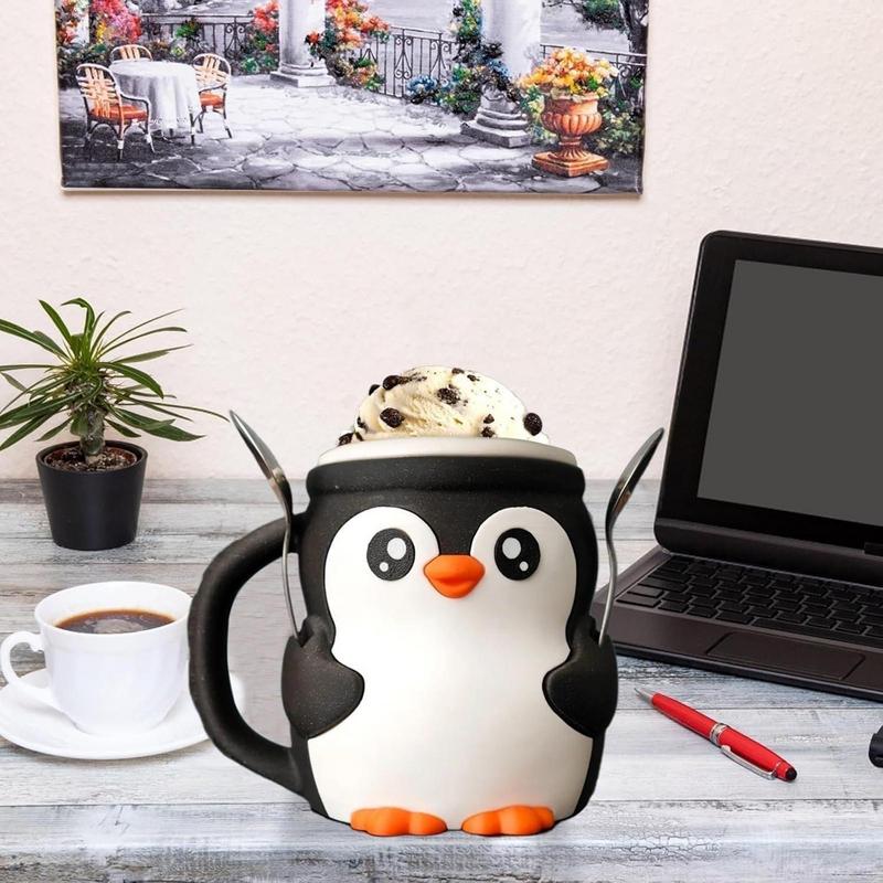 Ice Cream Holder 16oz Ice Cream Cup Spoon Slot Secret Snack Drawer Cute Penguin Design Storage Organizer For Snack Dessert Home