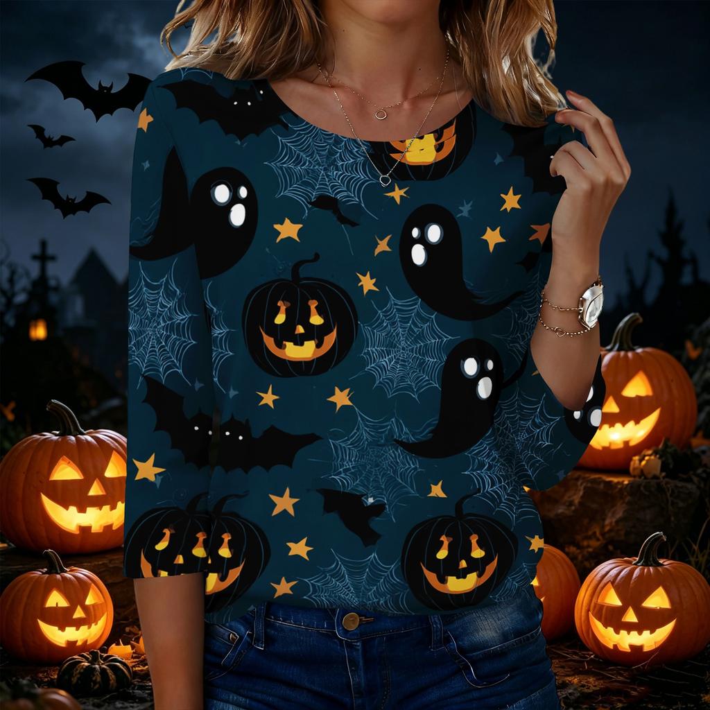 Women's Casual Halloween Print Round Neck Three Quarter Sleeve T Shirt Top Lightweight Comfortable Fit