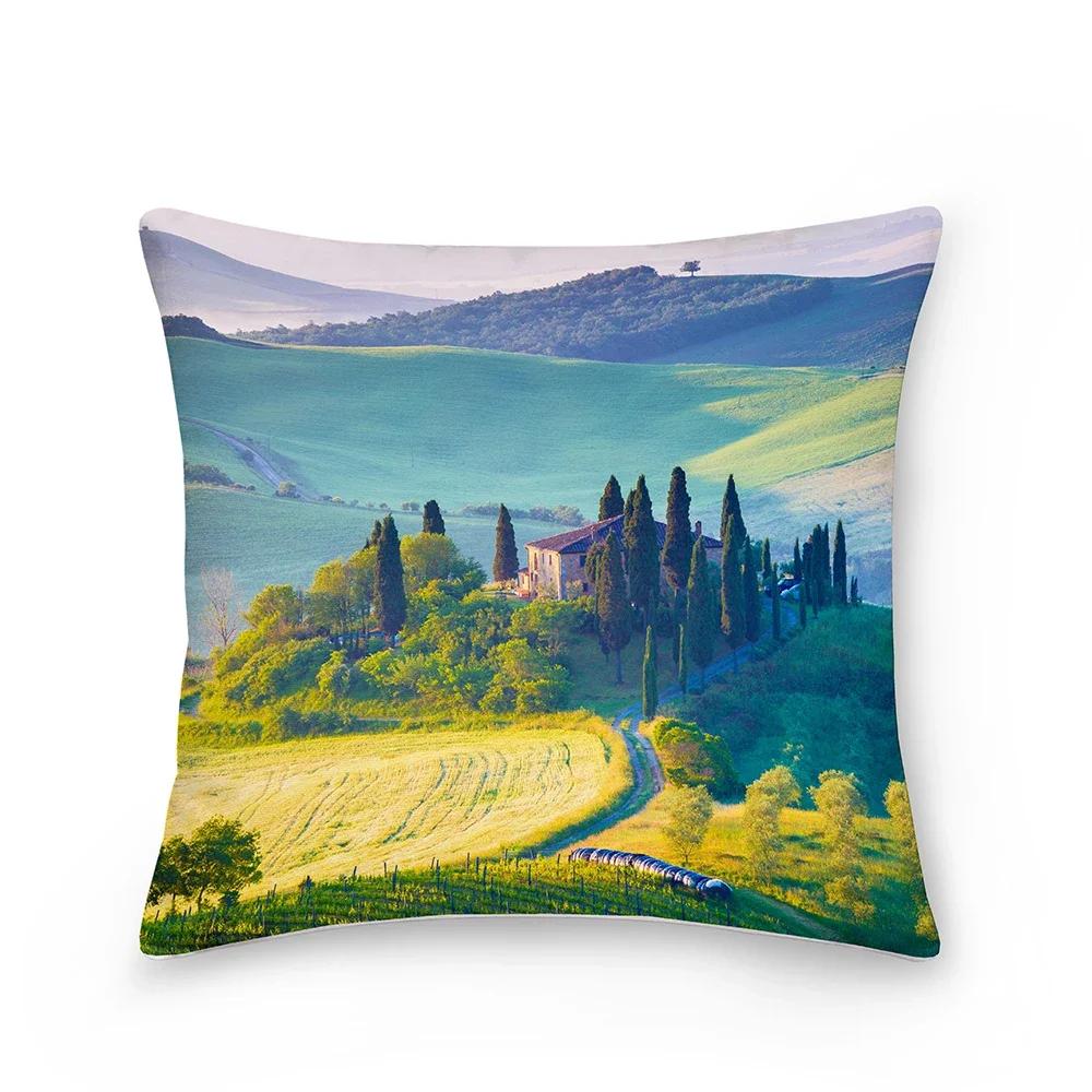 Landscape Pattern Decorative Cushion Cover Polyester Pillow Cover Throw Pillowcase Sofa Chair Bedroom Home Decoration 45X45Cm