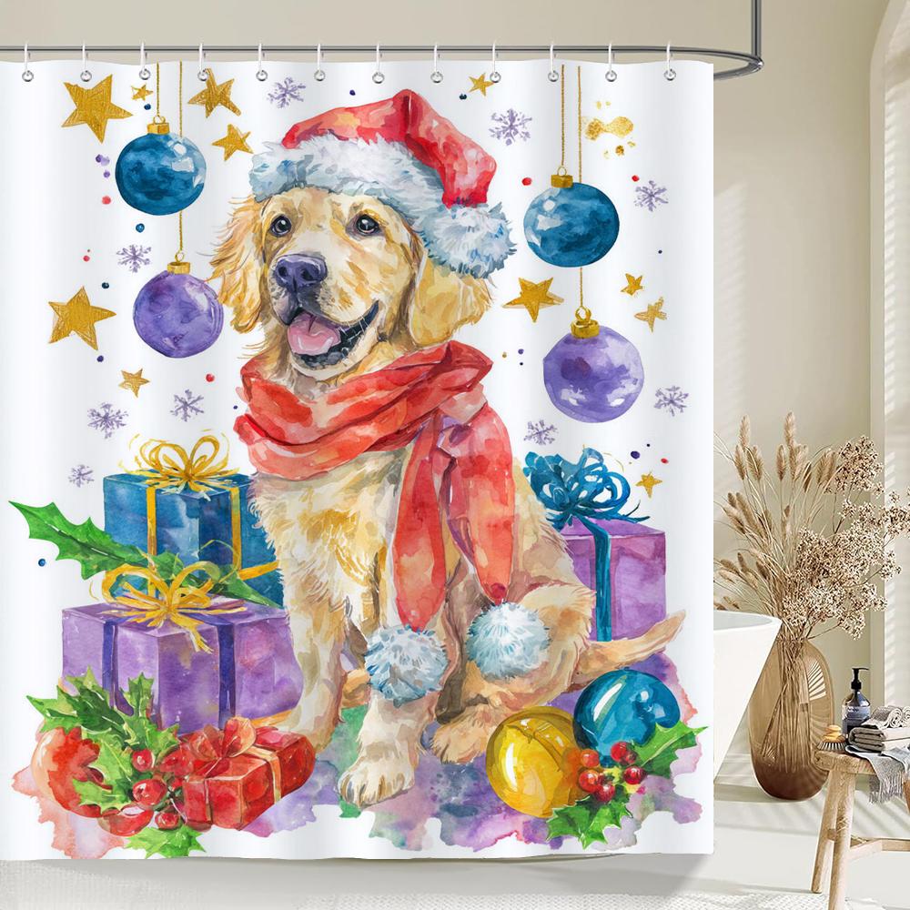 Merry Christmas Shower Curtain Christmas cat and dog Santa Claus Shower Curtains Xmas Printed fabric Decor Bathroom Curtain
