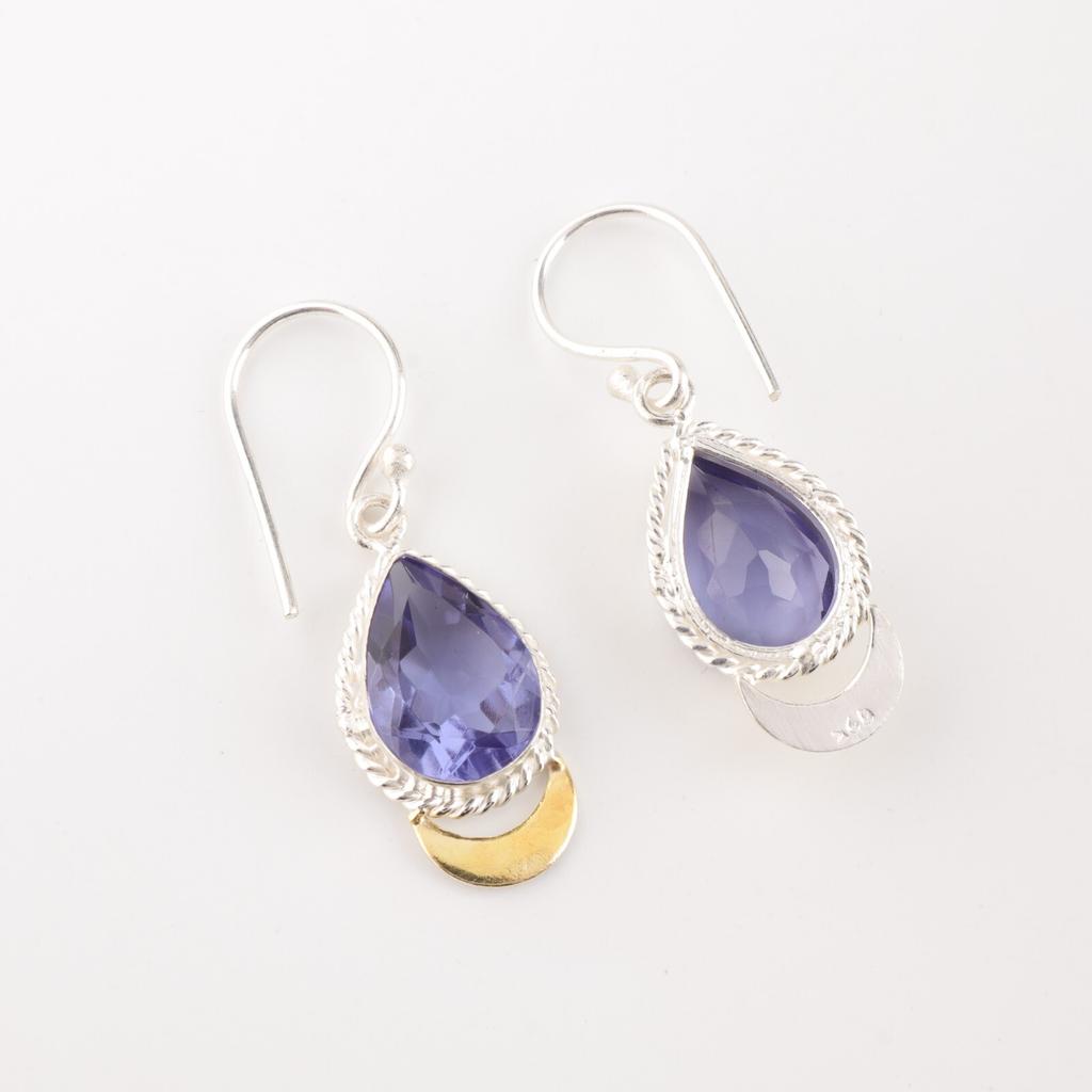 Iolite Gemstone 925 Sterling Silver Jewelry Handmade Hook Earrings 1.5" For Gift EE-162-9