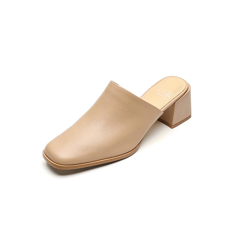 2024 New Genuine Leather Fashion Shoes Women Wedges High Heels Square Toe Mules Slippers Ladies Office Dress Shoes Sandales