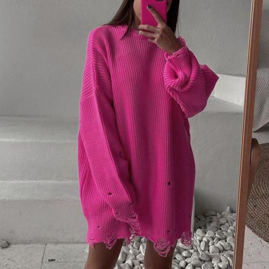 Women Sweater Three-Dimensional Tailoring Loose Fit Soft Knitted Sweater O-Neck Long Sleeve Ripped Holes Mid-length Tops
