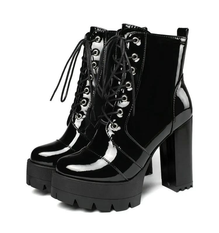 Fashion Autumn winter super high heel short boots women's thick heel waterproof platform lace up boots patent leather high heel shoes
