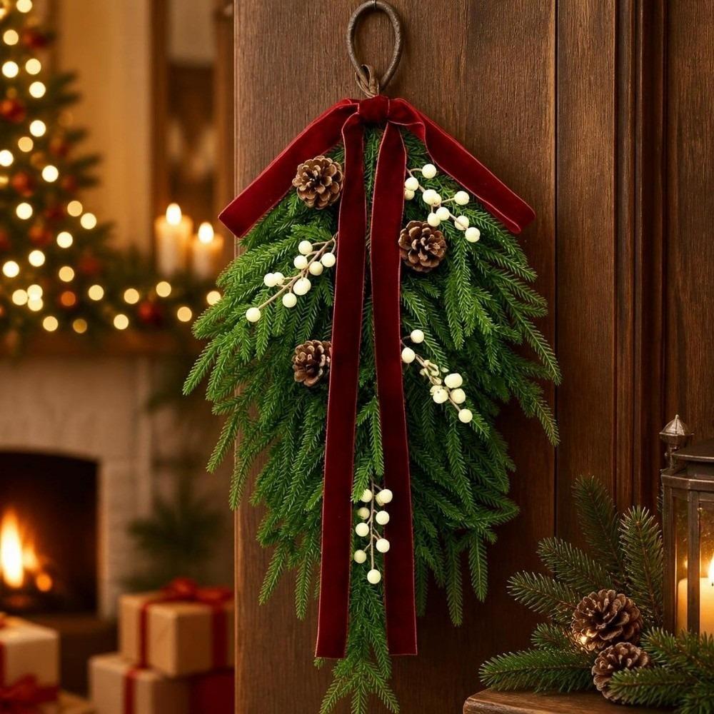 Teardrop Shape Christmas Swag Flexible Bendable With Bells Artificial Pine Garland With Pine Cones With Bowknot Teardrop Wreath