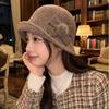 Ladies retro woolen woolen basin hat, bow hairball decorative curling top hat, autumn and winter warm bucket hat