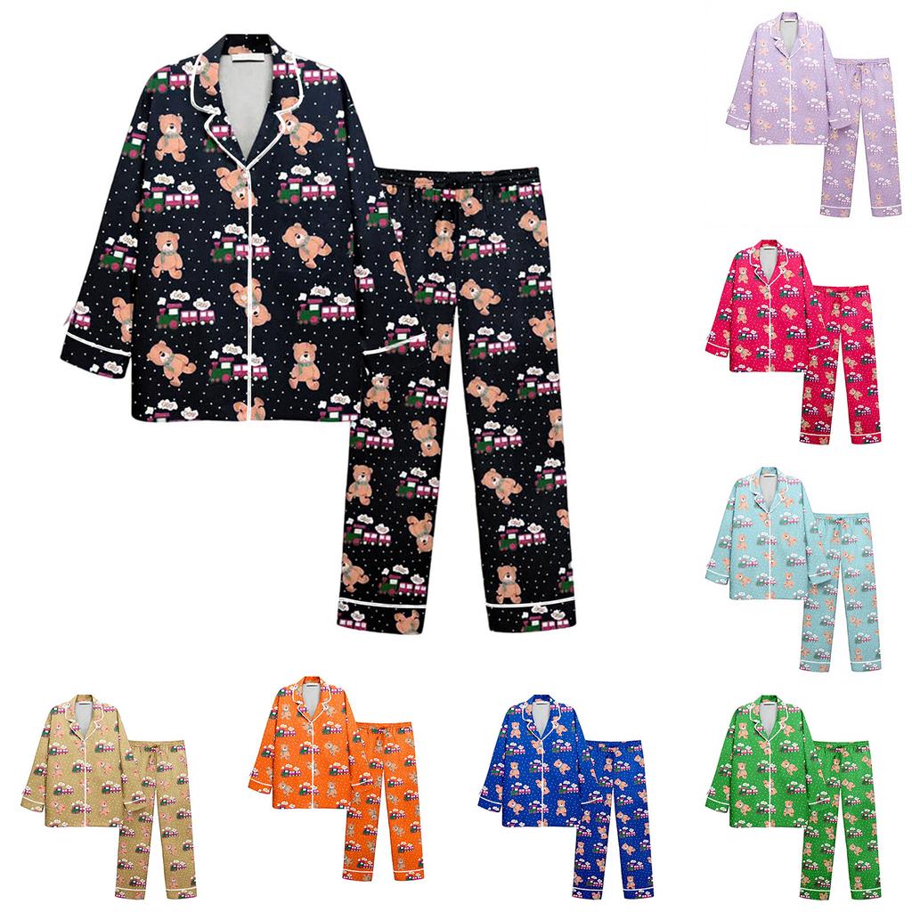 Women's 2 Piece Printed Suit Long Sleeve Button Up Top Wide Leg Pants Suit Set Pajamas Home Casual Suit