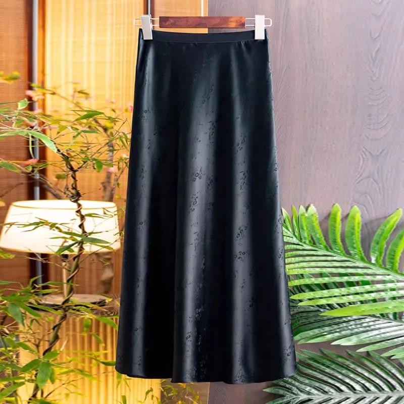 

Women s Satin Jacquard High Waist A-Line Midi Skirt M чёрный
