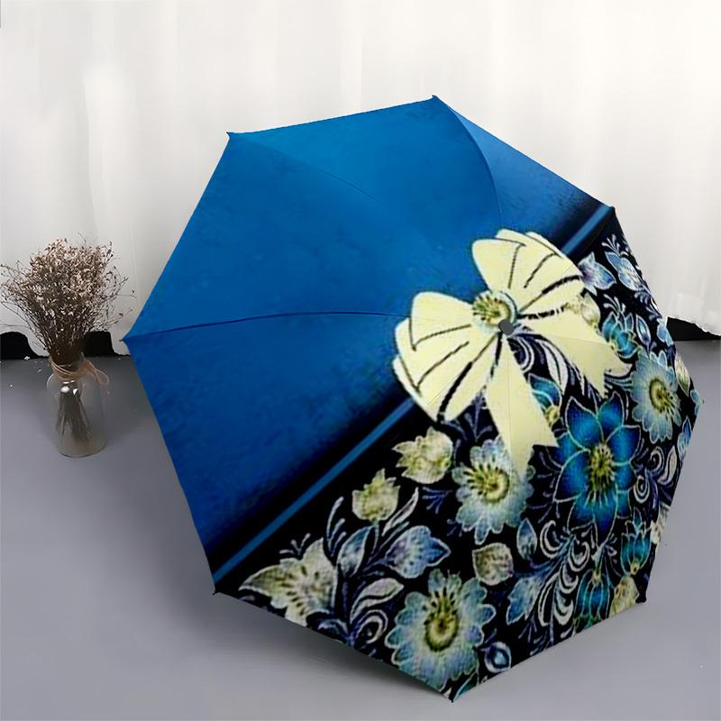 1pc Blue, floral, ribbon design Umbrella with Plastic Handle,Compact & Stylish,Suitable for All Seasons YS331005