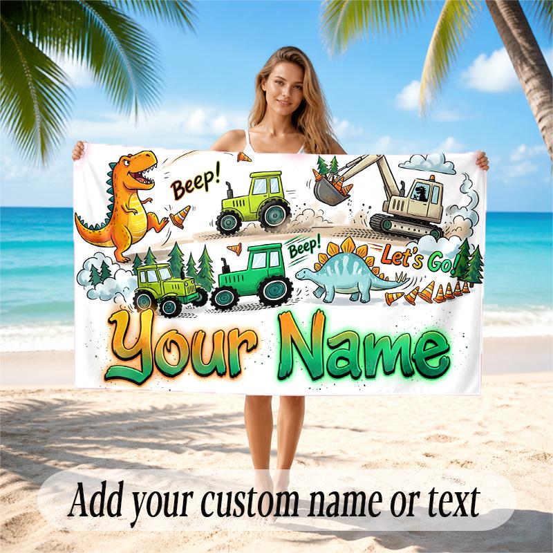 Dinosaur Theme Quick Dry Beach Towel Custom Name Text Print Large Sand Resistant Towel Beach Vacation