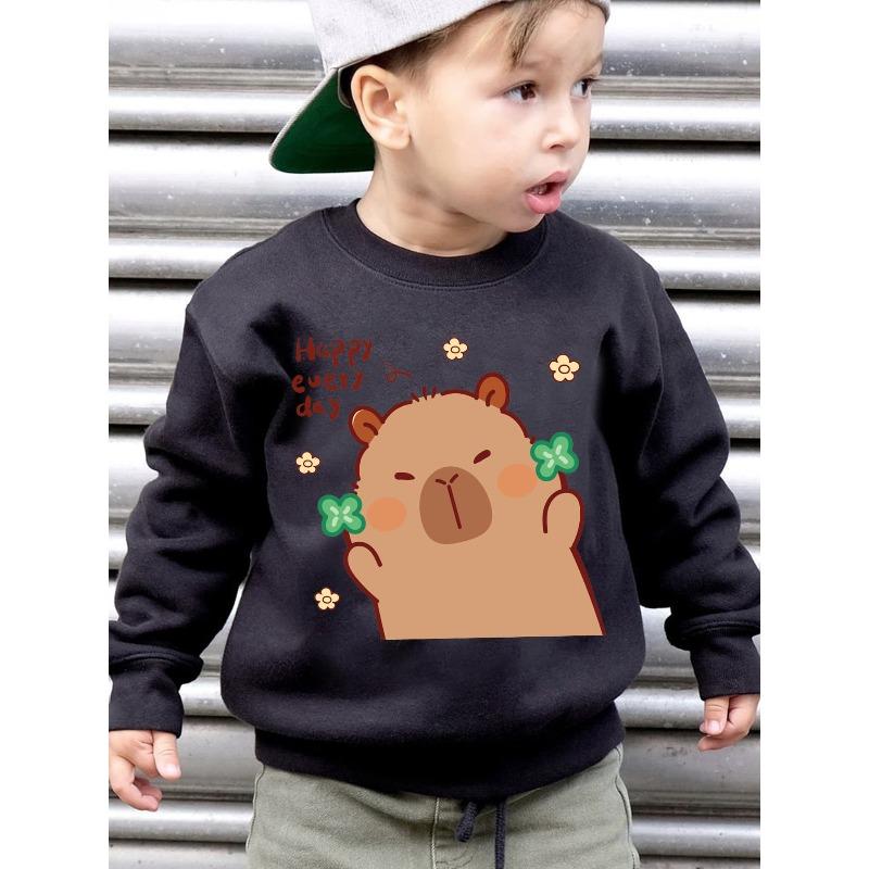 European sizes Kids' Fashion -Lined Sweatshirt, "Happy Every Day" Capybara Holding Flowers Cartoon Print, Loose Fit Casual Long Sleeve Pullover