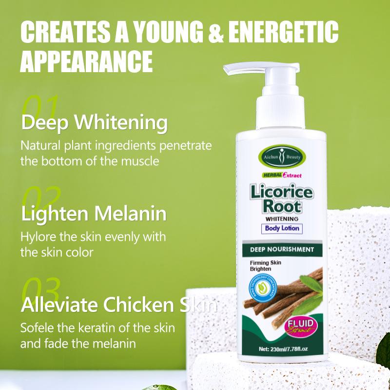 Lait corporel à la racine de réglisse pour éclaircir le teint Rétrécir les pores Hydratation longue durée Lissage Blanchissant Essence végétale riche