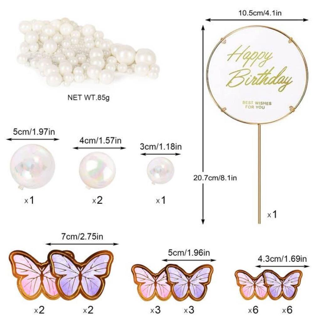 17Pcs Pink Butterfly Cake Decorations Metal Gold Cake Topper Mix White Beads for Girl Women Birthday Wedding Party  Supplies