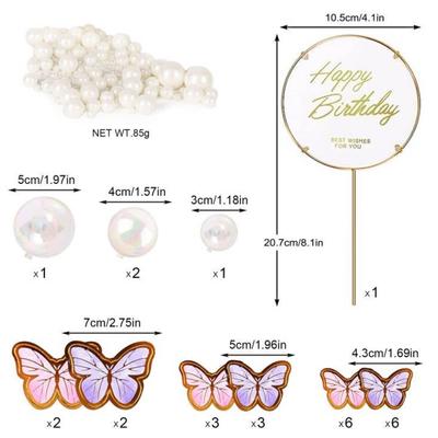 17Pcs Pink Butterfly Cake Decorations Metal Gold Cake Topper Mix White Beads for Girl Women Birthday Wedding Party  Supplies