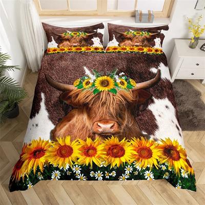 Capa de edredom Sunflower Highland Cow Western Farm Animal Conjunto de cama Capa de edredom de couro de vaca Microfibra Twin King Queen Roupas de cama