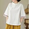 Middle-aged and Elderly Ethnic Style Slant-front Buttoned Embroidered Shirt Loose Stand-up Collar Cotton Mid-sleeves Jacquard Literary Retro