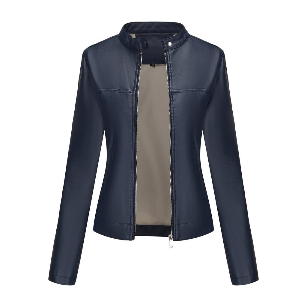 25 Spring and Autumn New Casual Leather Clothing Women's Fashion European and American Street European and American Size Stand-up Collar Jacket