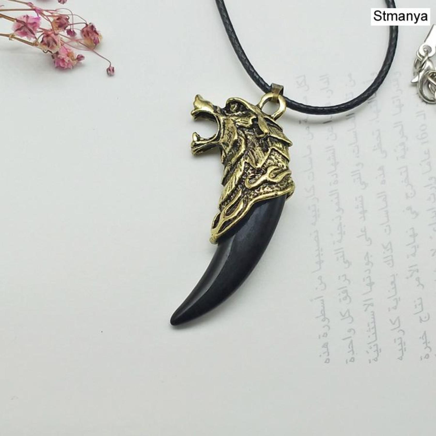 Wolf Tooth Men Necklace - Fashion Resin Wolf Tooth Alloy Wolf Head Pendant Necklace with Leather Rope Jewelry