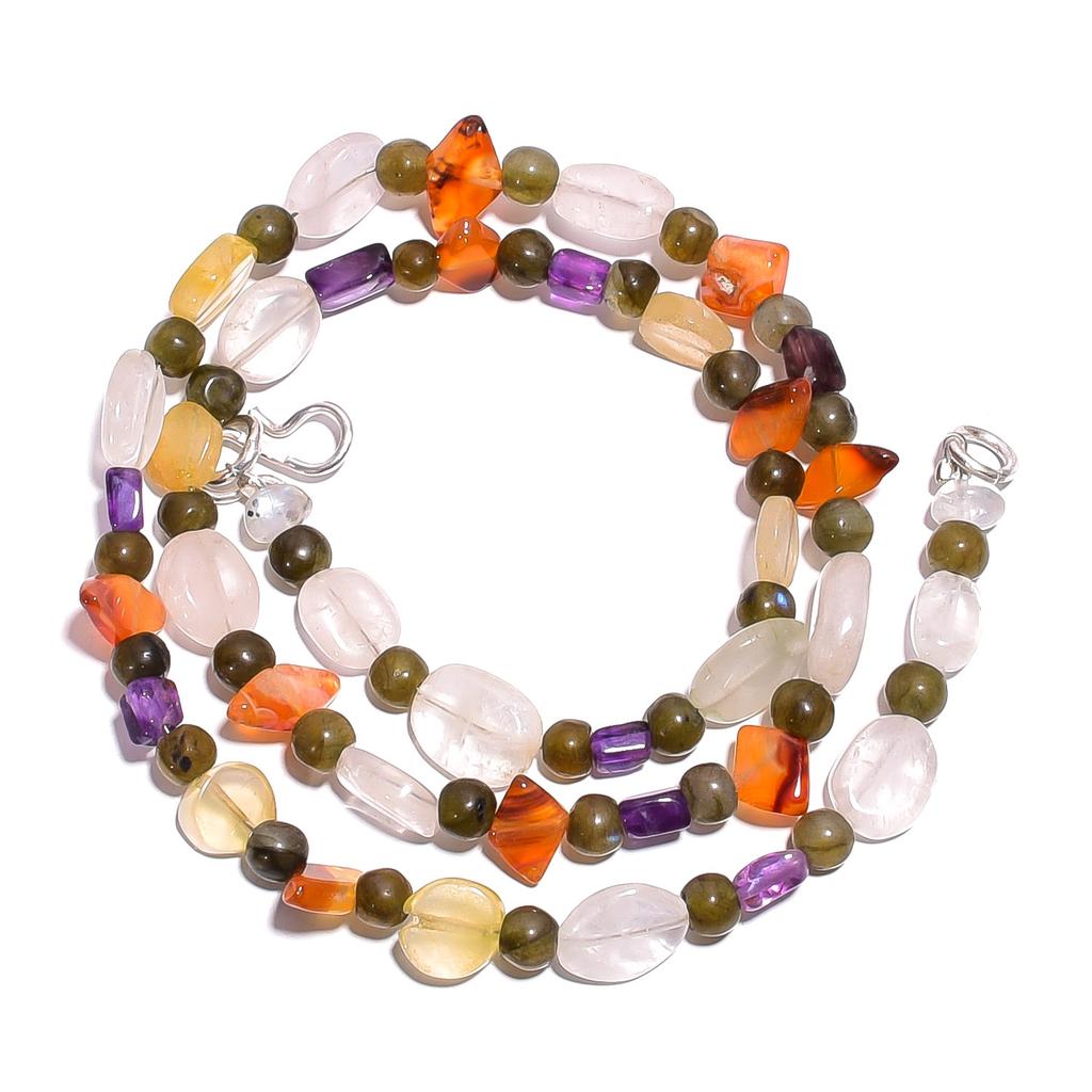Natural Moonstone Labradorite Carnelian Gemstone Beads Necklace 17" UB-4978 UB-4978