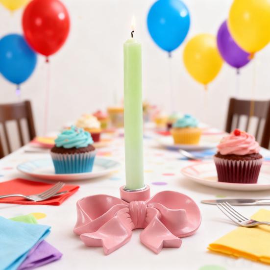 Pink Bow Ceramic Candle Holder Taper Candle Stand Candlestick Table Centerpiece Holiday Party Home Office Desktop Decoration