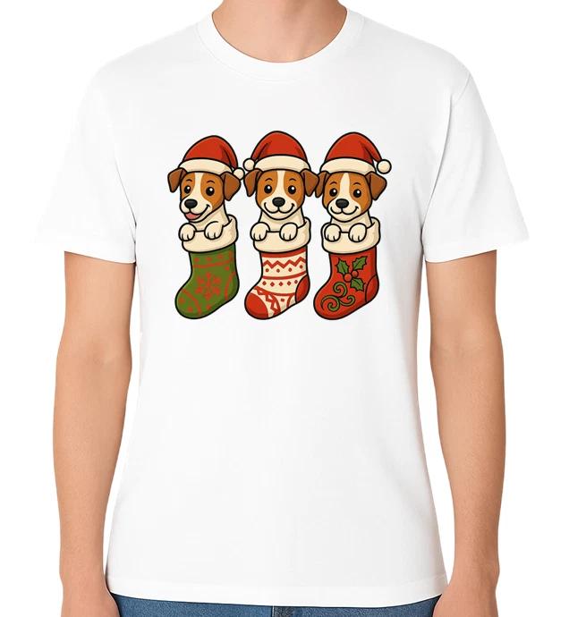 Puppy Jack Russell Stocking T-Shirt Merry Xmas Men Ladies Top Christmas Tee Dog XL