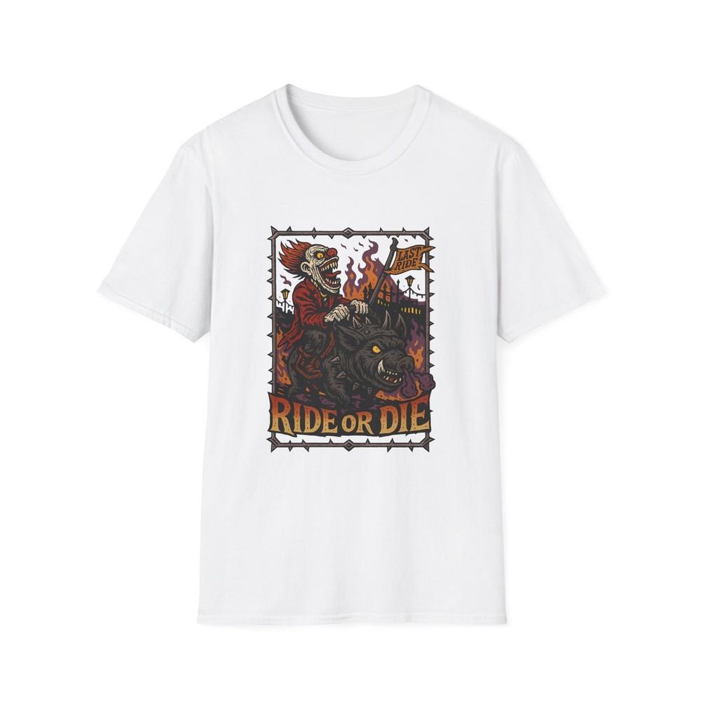 

Unisex Softstyle T-Shirt Monstrous Clown Stampede Horror Carnival Ride Chaos Pig 4XL