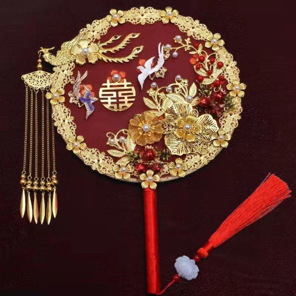 Chinese Wedding Handheld Tassels Phoenix Hand Bouquets Bridal Group Fan Chinese Fan Embroidery Fan
